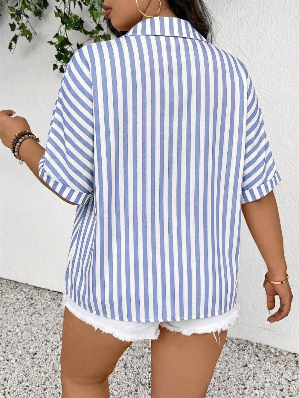 Blue Casual womens Striped Print Button Down Short Sleeve Top - Picture 2 of 7